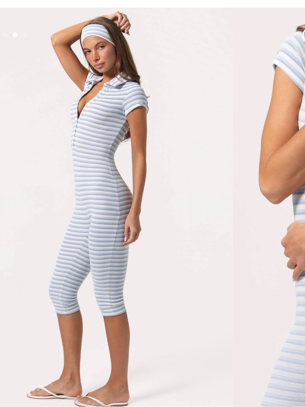 Striped Blue & White Ribbed Jumpsuit with Headband